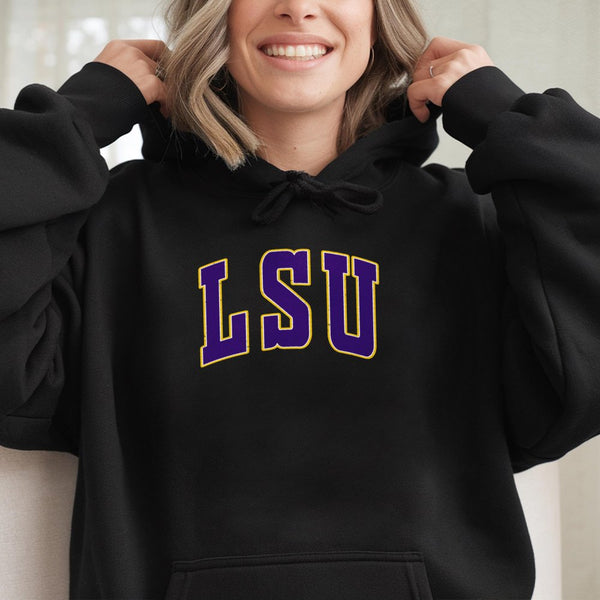 LSU Collegiate Hoodie | Vintage Distressed Athletic Lettering | Soft Cotton-Blend Premium Pullover | Unisex Sport Gift for St