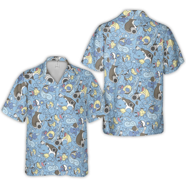 Anime Water Turtle Evolution Hawaiian Shirt | All-Over Character Print | Premium Woven Polyester | Unique Summer Vacation Gif