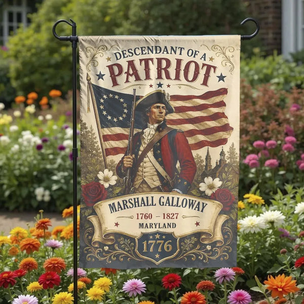 Personalized Descendant of a Patriot Garden Flag | Custom Revolutionary War Soldier Double Sided | Durable Weather Resistant 