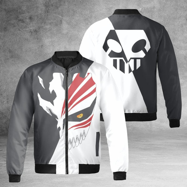Anime Bomber Jacket | Bleach Ichigo Hollow Mask Graphic | Premium Nylon Streetwear | Unisex Gift for Anime Fans