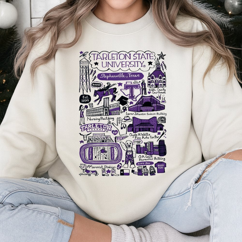 Tarleton State University Sweatshirt | Stephenville Texas Campus Doodle Collage | Premium Cotton Blend | Gift for Students Al