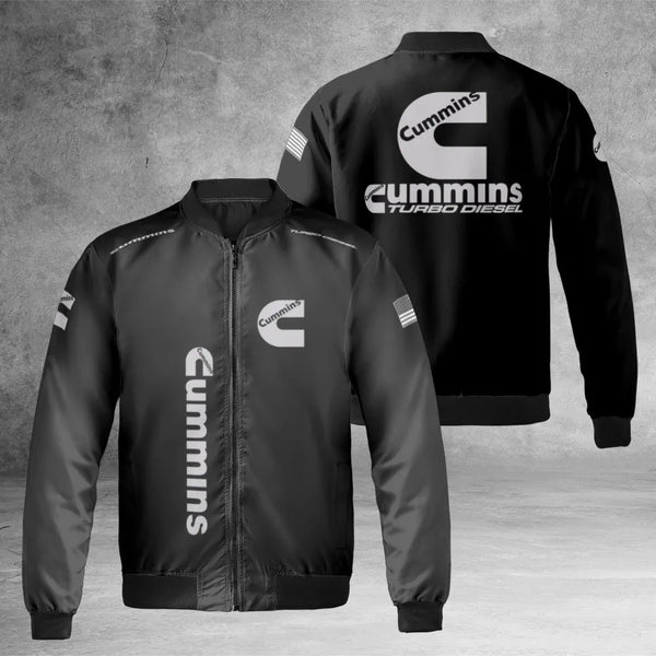 Diesel Engine Bomber Jacket | Cummins Turbo Logo & American Flag | Premium Nylon Streetwear | Trucker & Mechanic Gift