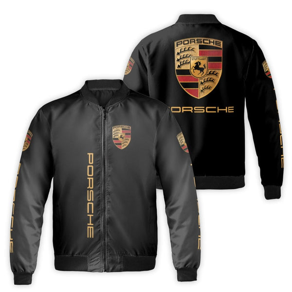 Porsche Logo Bomber Jacket | Premium Black Streetwear Coat | Nylon Windbreaker Utility | Luxury Car Enthusiast Gift