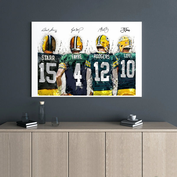 Green Bay Packers Quarterback Wall Art | Bart Starr Brett Favre Aaron Rodgers Jordan Love Poster | Premium Gallery Wrapped Ca
