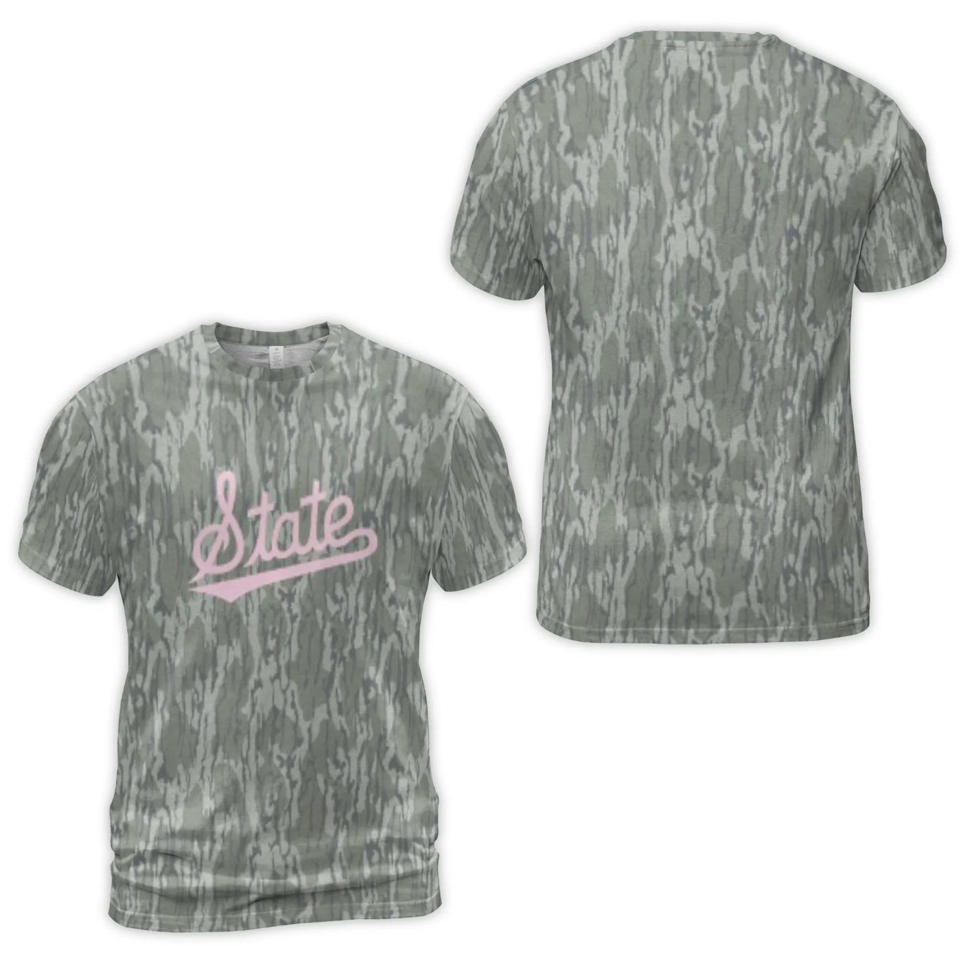 State Pink Script T-Shirt | All-Over Tree Bark Camo Pattern | Premium Stretchy Jersey Blend | Trendy Unisex Streetwear Gift f