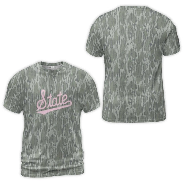State Pink Script T-Shirt | All-Over Tree Bark Camo Pattern | Premium Stretchy Jersey Blend | Trendy Unisex Streetwear Gift f