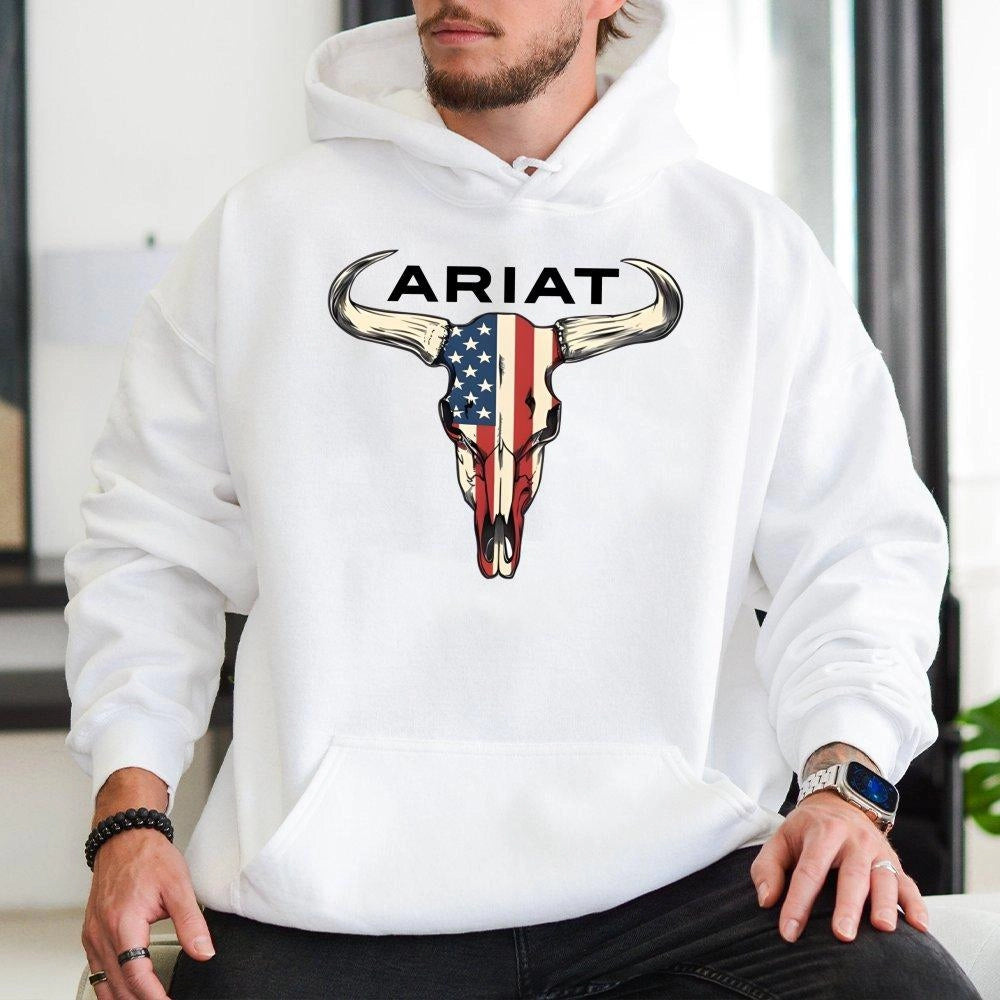 American Flag Bull Skull Hoodie | Western Cowboy Rodeo Graphic | Premium Cotton Blend | Country Farm Gift for Men and Women