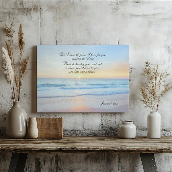 Jeremiah 29:11 Canvas Wall Art | Scripture Bible Verse Beach Sunset | Gallery Quality Premium Print | Christian Faith Home De
