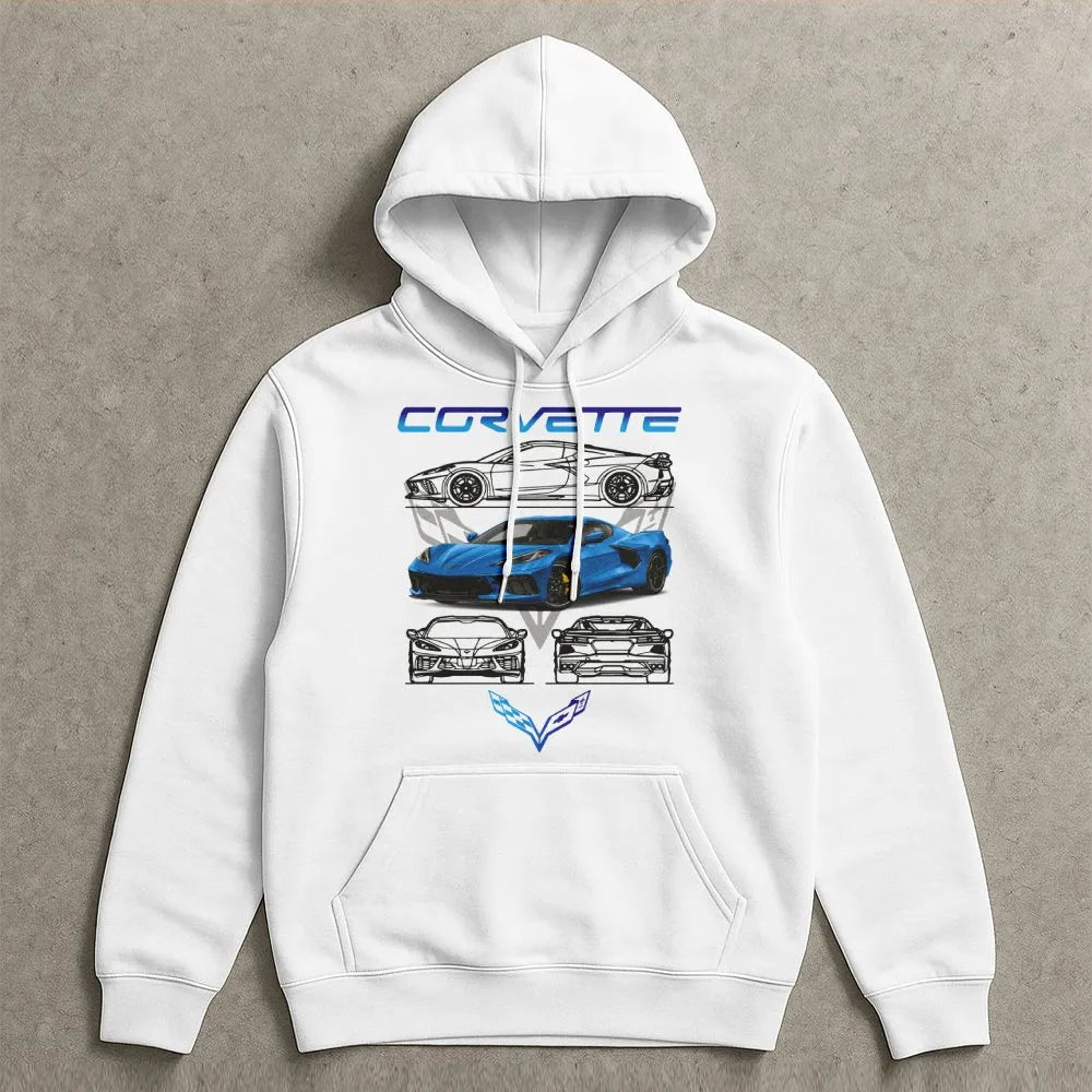 Corvette C8 Hoodie | Blue Sports Car Graphic Print | Premium Cotton Blend | Gift for Car Enthusiasts & Racing Fans