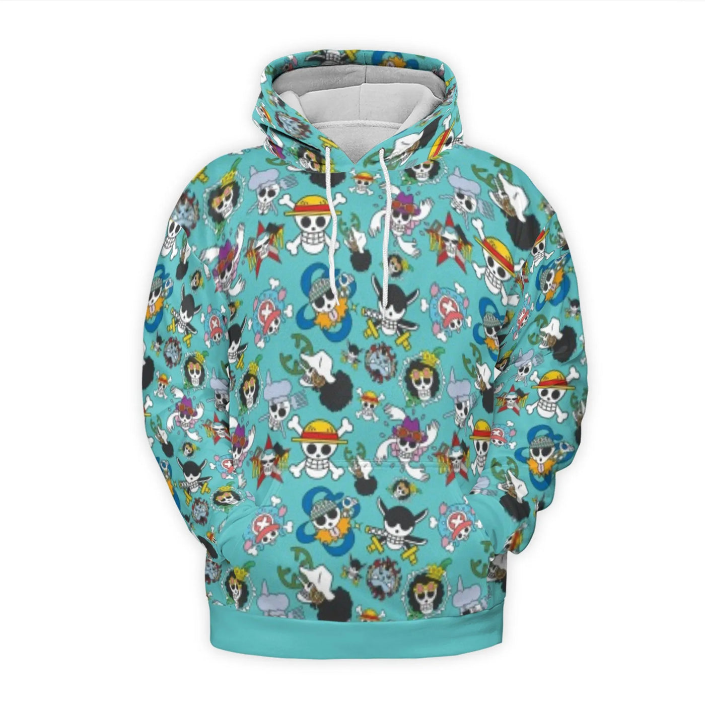Anime Pirate Crew Hoodie | Straw Hat Jolly Roger All-Over Print | Premium Polyester Brushed Fleece | Unisex Gift for Fans & O