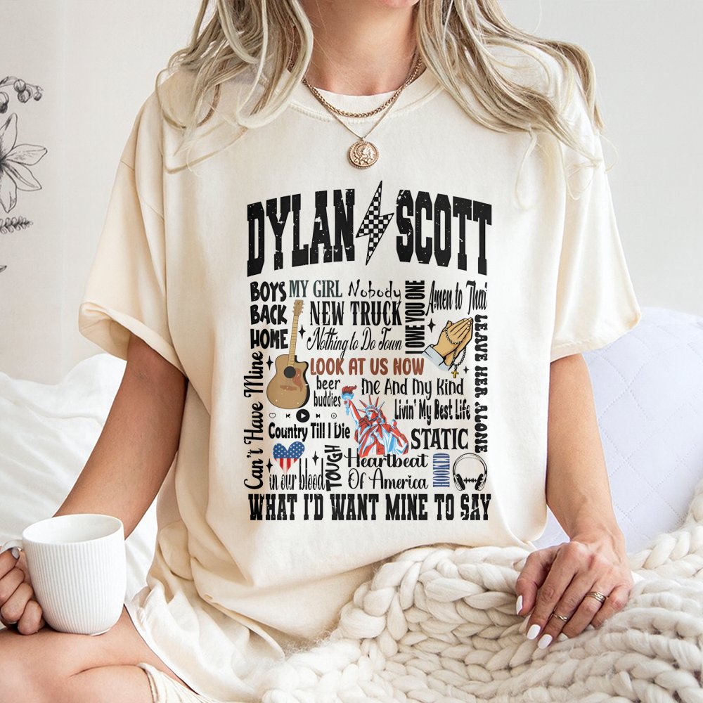 Dylan Scott Graphic T-Shirt | Country Music Song List Collage Design | Premium 100% Cotton Tee | Gift for Country Music Fans 