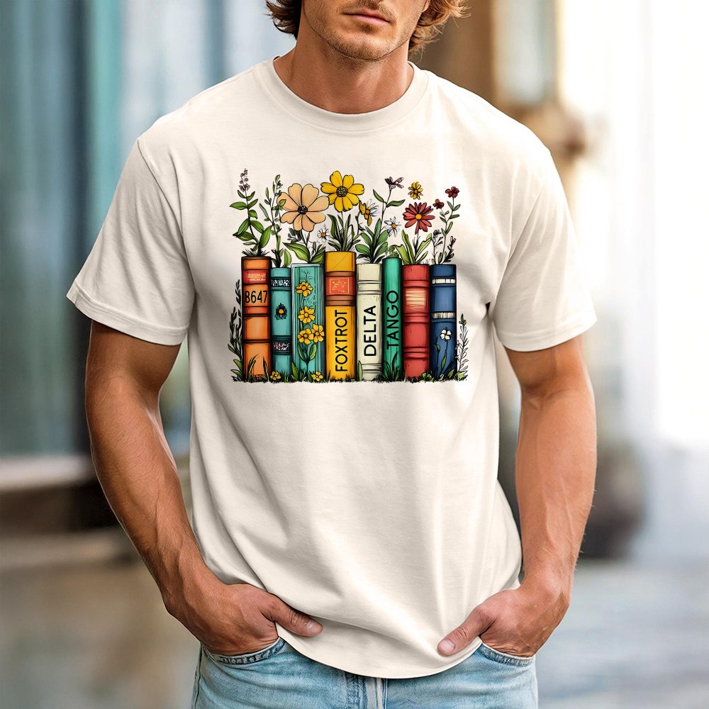 Floral Book Stack T-Shirt | Whimsical Library Reading Graphic | 100% Cotton Premium Tee | Activist Gift for Book Lovers