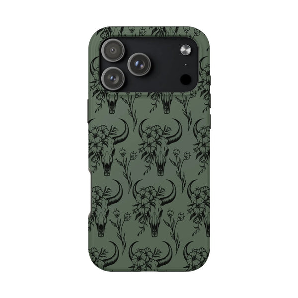 Floral Bull Skull iPhone Case | Boho Desert Western Art | Dual-Layer Polycarbonate Protection | Trendy Minimalist Gift for Na