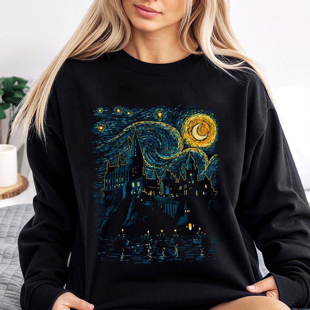 Wizard School Castle Sweatshirt | Starry Night Impressionist Art Design | Premium Cotton Blend | Magical Fan Gift For Adults