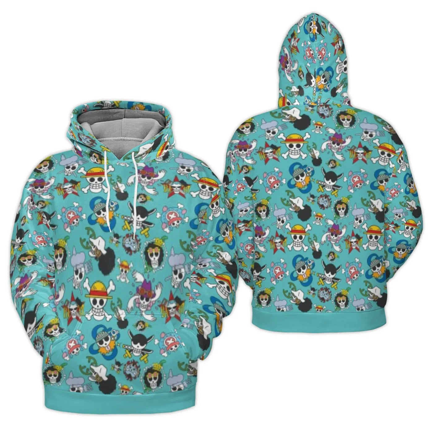 Anime Pirate Crew Hoodie | Straw Hat Jolly Roger All-Over Print | Premium Polyester Brushed Fleece | Unisex Gift for Fans & O