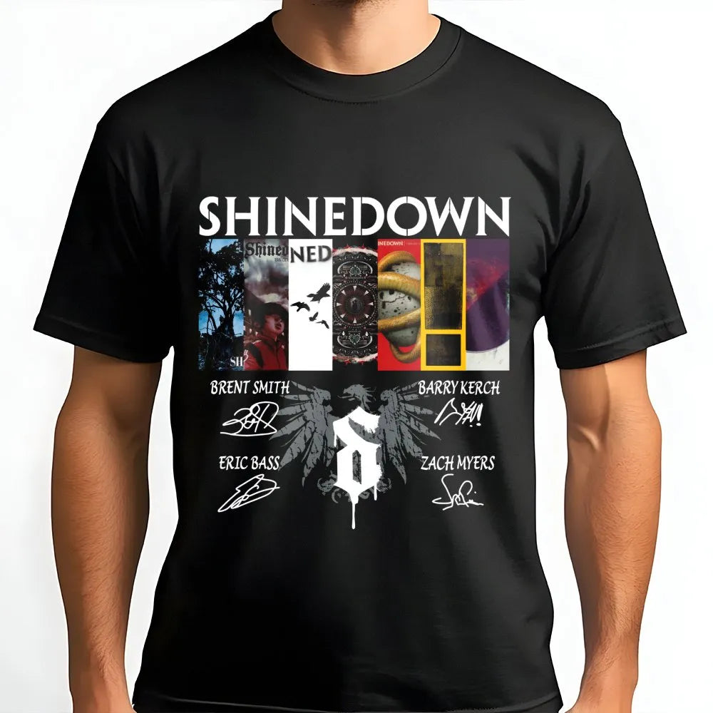 Shinedown Band T-Shirt | Album Collage Graphic with Autographs | Premium Soft Cotton Tee | Music Tour Merch Gift for Rock Fan
