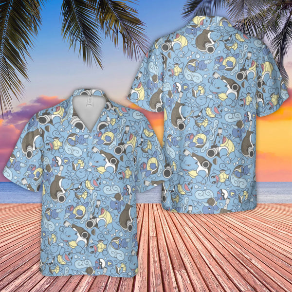 Anime Water Turtle Evolution Hawaiian Shirt | All-Over Character Print | Premium Woven Polyester | Unique Summer Vacation Gif