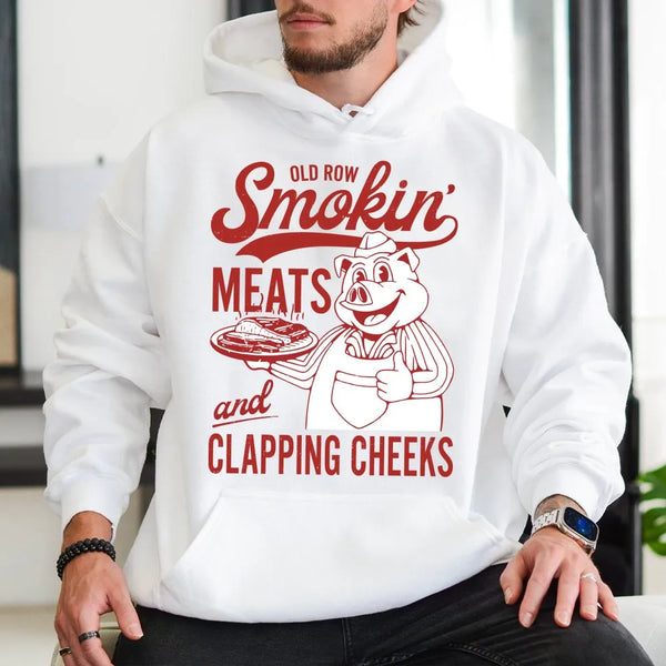 Smokin Meats And Clapping Cheeks Hoodie | Funny BBQ Master Graphic Sweatshirt | Premium Cotton Blend | Gift For Pitmaster Gri