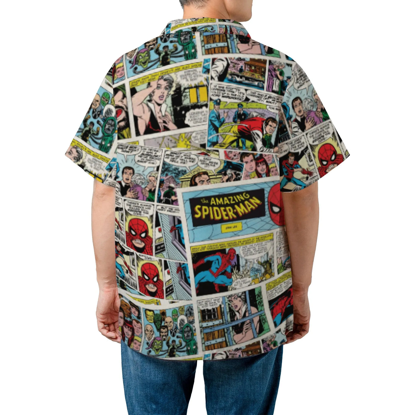 Comic Book Collage Hawaiian Shirt | Retro Spider-Man Graphic Print | Lightweight Woven Polyester | Summer Vacation Gift For M