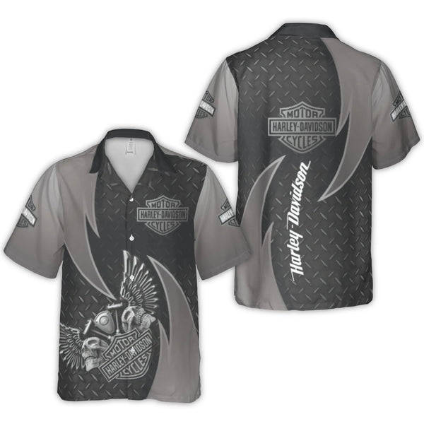 Motorcycle Skull Hawaiian Shirt | Diamond Plate Pattern Graphic | Lightweight Woven Polyester | Premium Biker Gift For Men