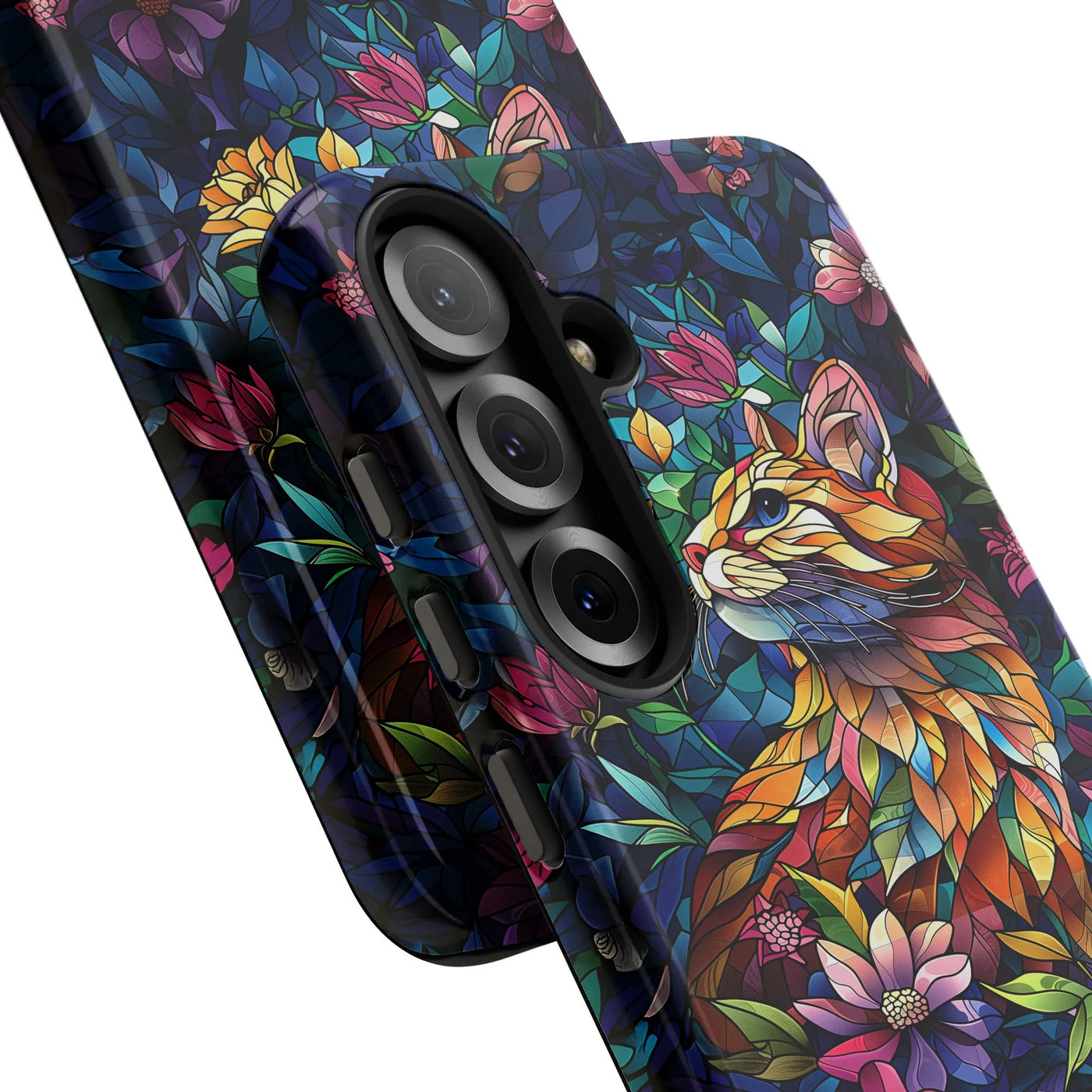 Stained Glass Cat Phone Case | Floral Mosaic Art Design | Dual-Layer Polycarbonate Protection | Unique Gift for Cat Lovers Sa