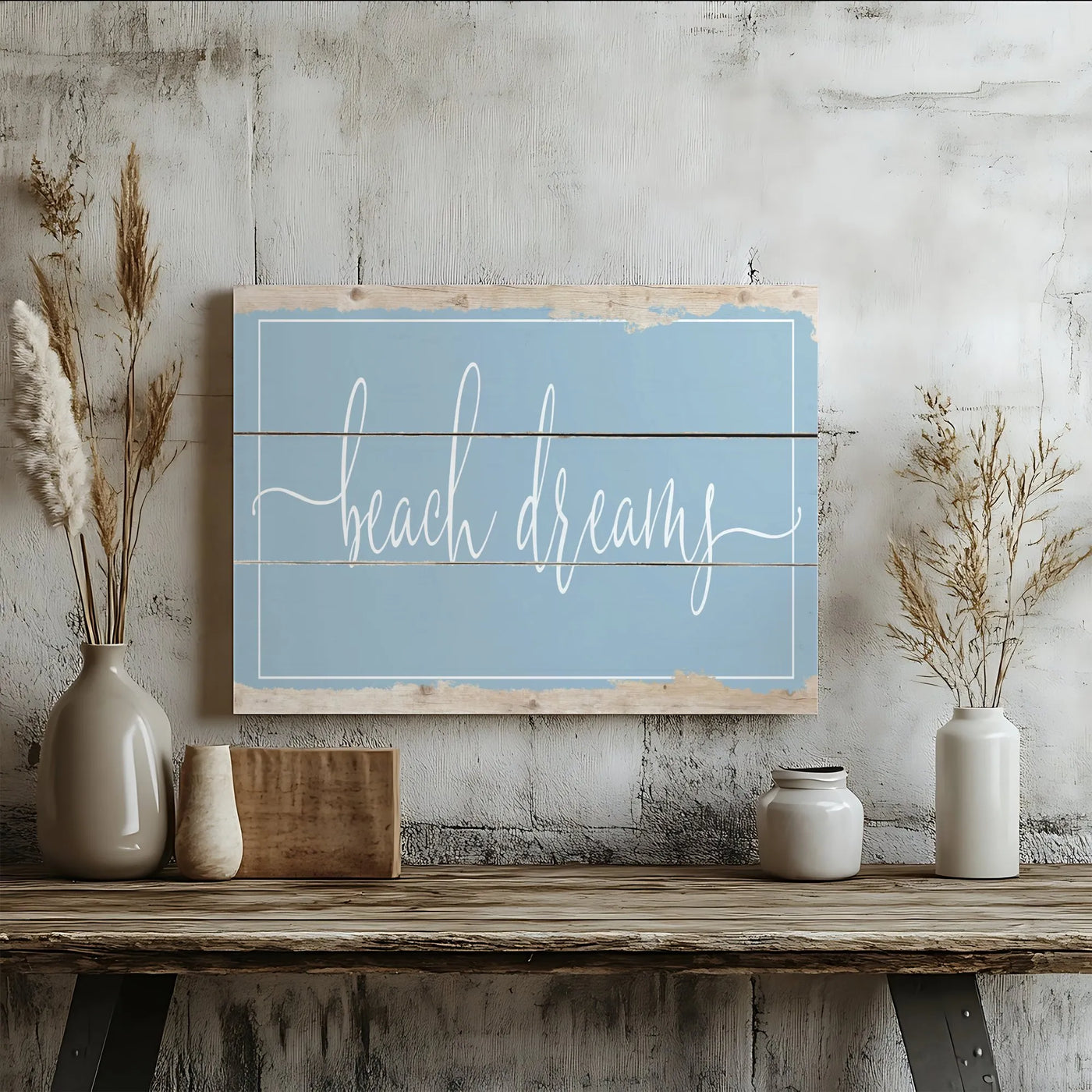 Beach Dreams Wall Art | Rustic Blue Coastal Script Decor | Premium Gallery-Wrapped Canvas | Nautical Living Room Beach House 