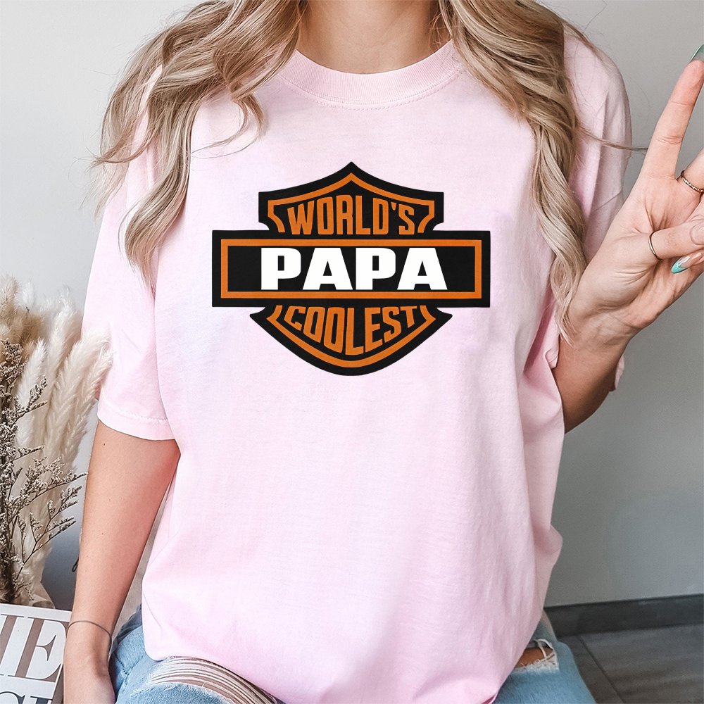 Worlds Coolest Papa T-Shirt | Biker Shield Graphic Design | Premium Cotton Comfort | Funny Father's Day 2026 Gift for Motorcy