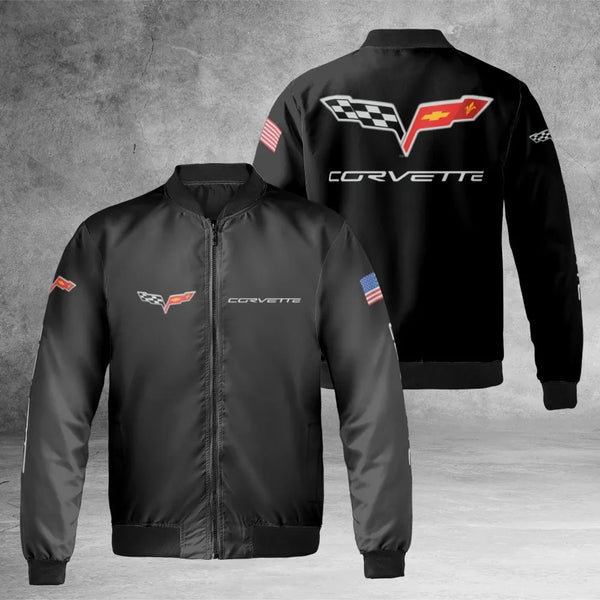 Corvette C6 Bomber Jacket | Chevy Logo & American Flag Print | Premium Nylon Streetwear | Car Enthusiast Gift for Men & Women