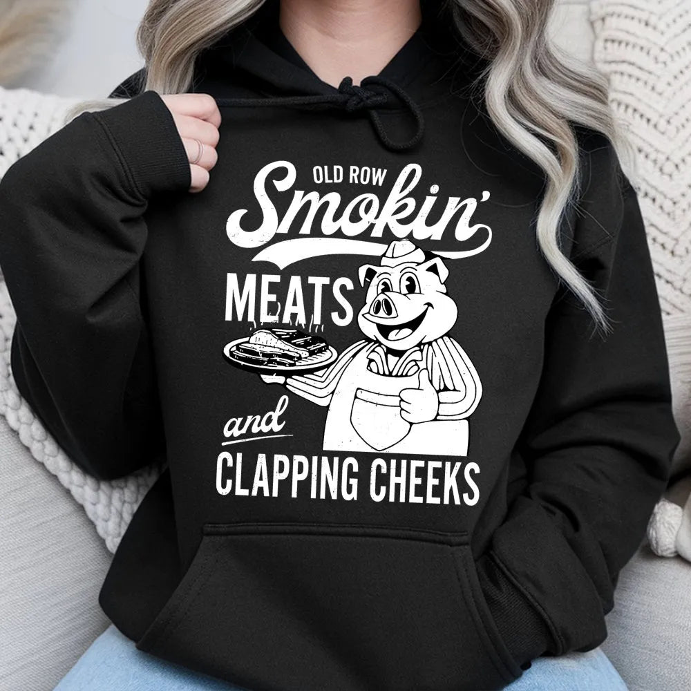 Smokin Meats And Clapping Cheeks Hoodie | Funny BBQ Master Graphic Sweatshirt | Premium Cotton Blend | Gift For Pitmaster Gri