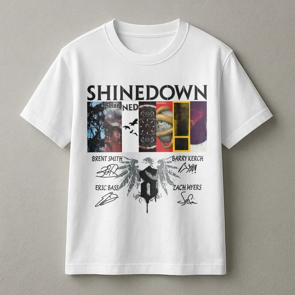 Shinedown Band T-Shirt | Album Collage Graphic with Autographs | Premium Soft Cotton Tee | Music Tour Merch Gift for Rock Fan