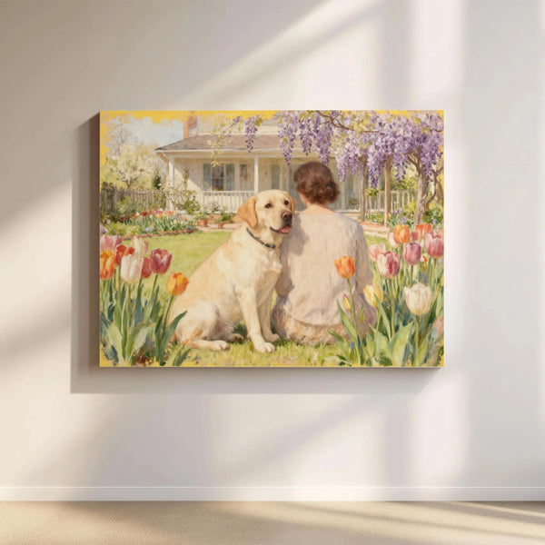 Vintage Yellow Lab Painting Canvas | Woman and Dog in Cottage Flower Garden Art | Premium Gallery Wrapped Print | Gift for Do