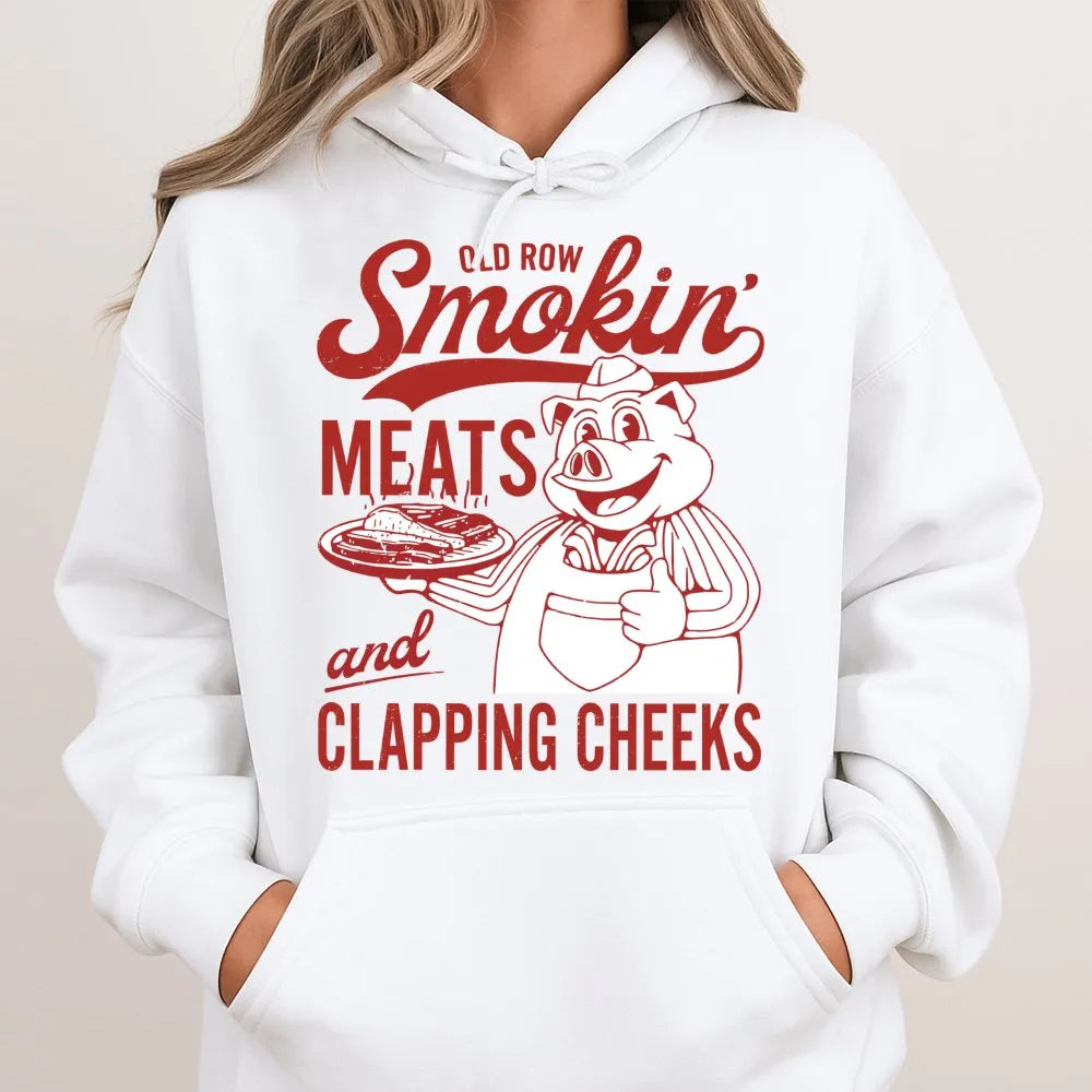 Smokin Meats And Clapping Cheeks Hoodie | Funny BBQ Master Graphic Sweatshirt | Premium Cotton Blend | Gift For Pitmaster Gri
