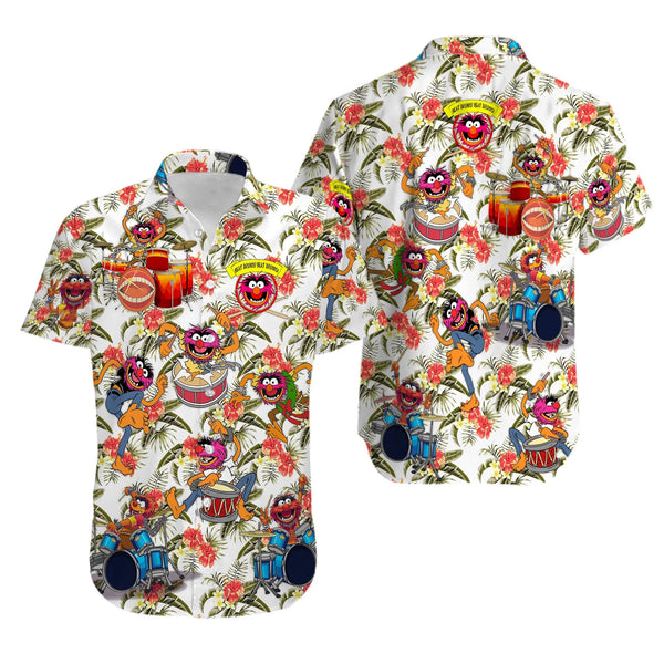 Animal Drummer Hawaiian Shirt | Muppet Tropical Floral Print | Lightweight Summer Aloha Top | Fun Music Lover Gift for Him