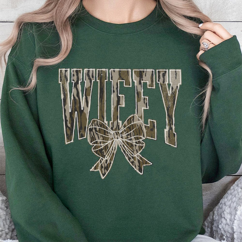 Wifey Camo Bow Sweatshirt | Trendy Camouflage Print Graphic Crewneck | Premium Cotton Blend Comfort | Wedding Gift for Bride 