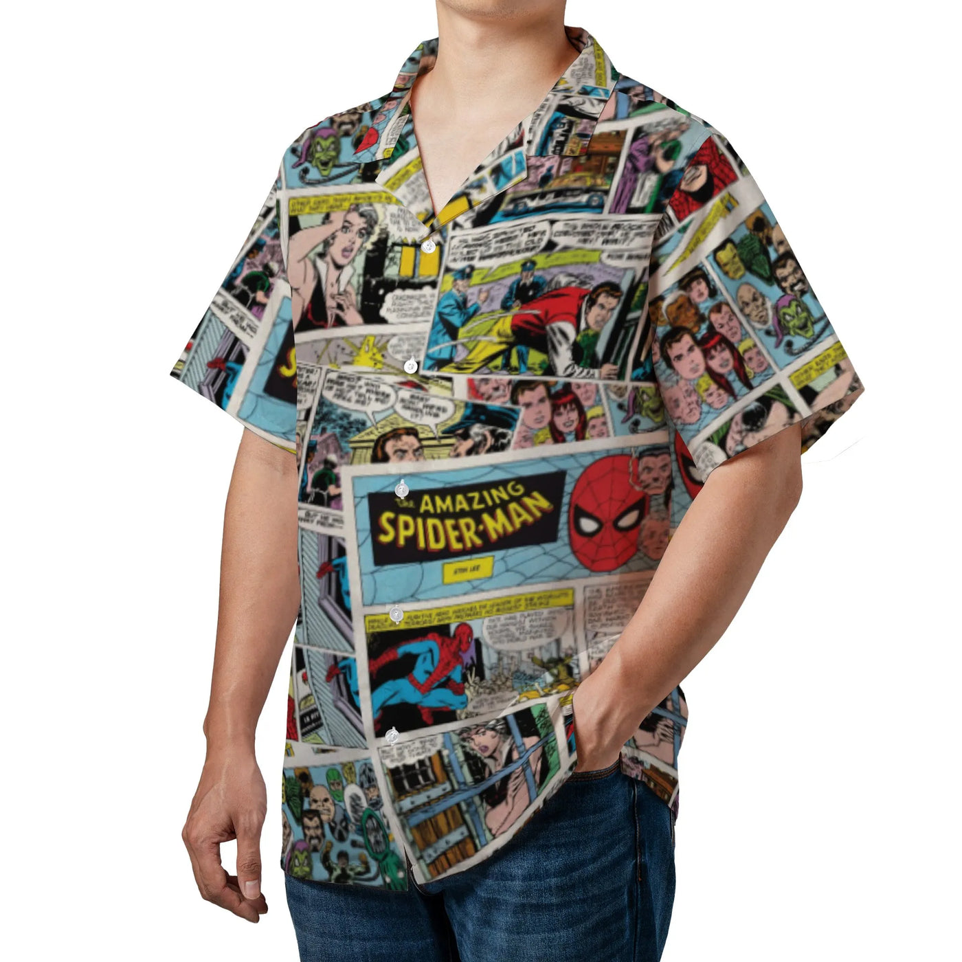 Comic Book Collage Hawaiian Shirt | Retro Spider-Man Graphic Print | Lightweight Woven Polyester | Summer Vacation Gift For M