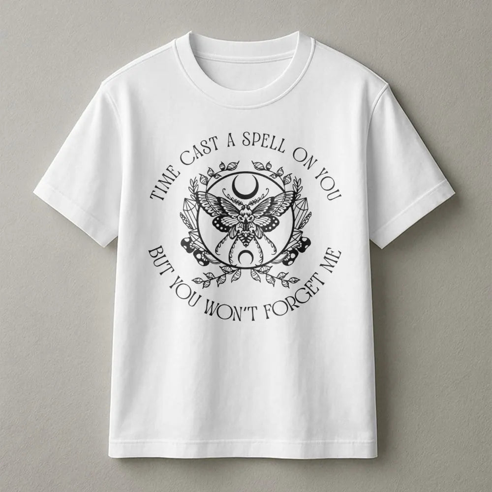 Time Cast A Spell On You T-Shirt | Witchy Moth Moon Graphic Tee | Premium 100% Cotton Shirt | Music Lover Vintage Rock Gift f