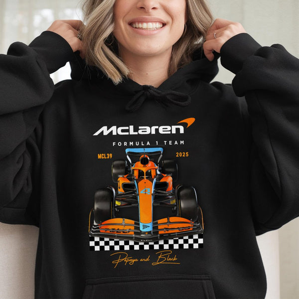 McLaren F1 2025 Racing Hoodie | Papaya and Black Formula 1 Team Graphic | Cotton-Poly Premium Sweatshirt | Gift for F1 Fan Un