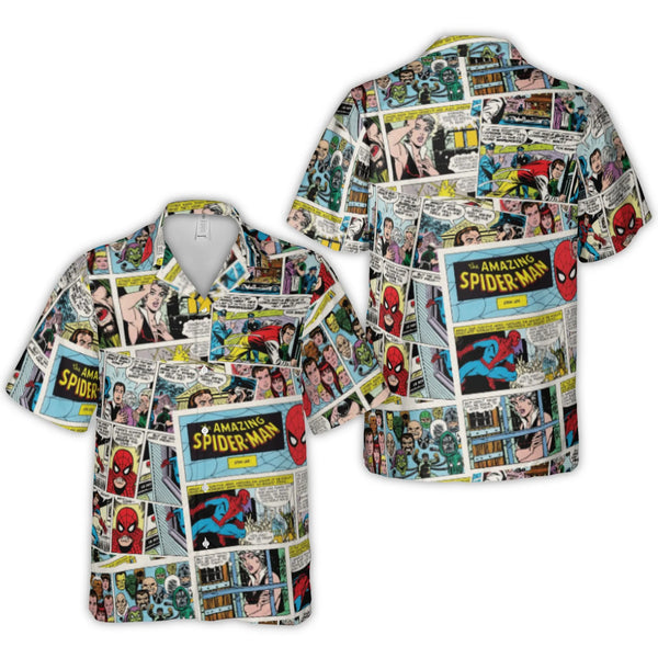 Comic Book Collage Hawaiian Shirt | Retro Spider-Man Graphic Print | Lightweight Woven Polyester | Summer Vacation Gift For M