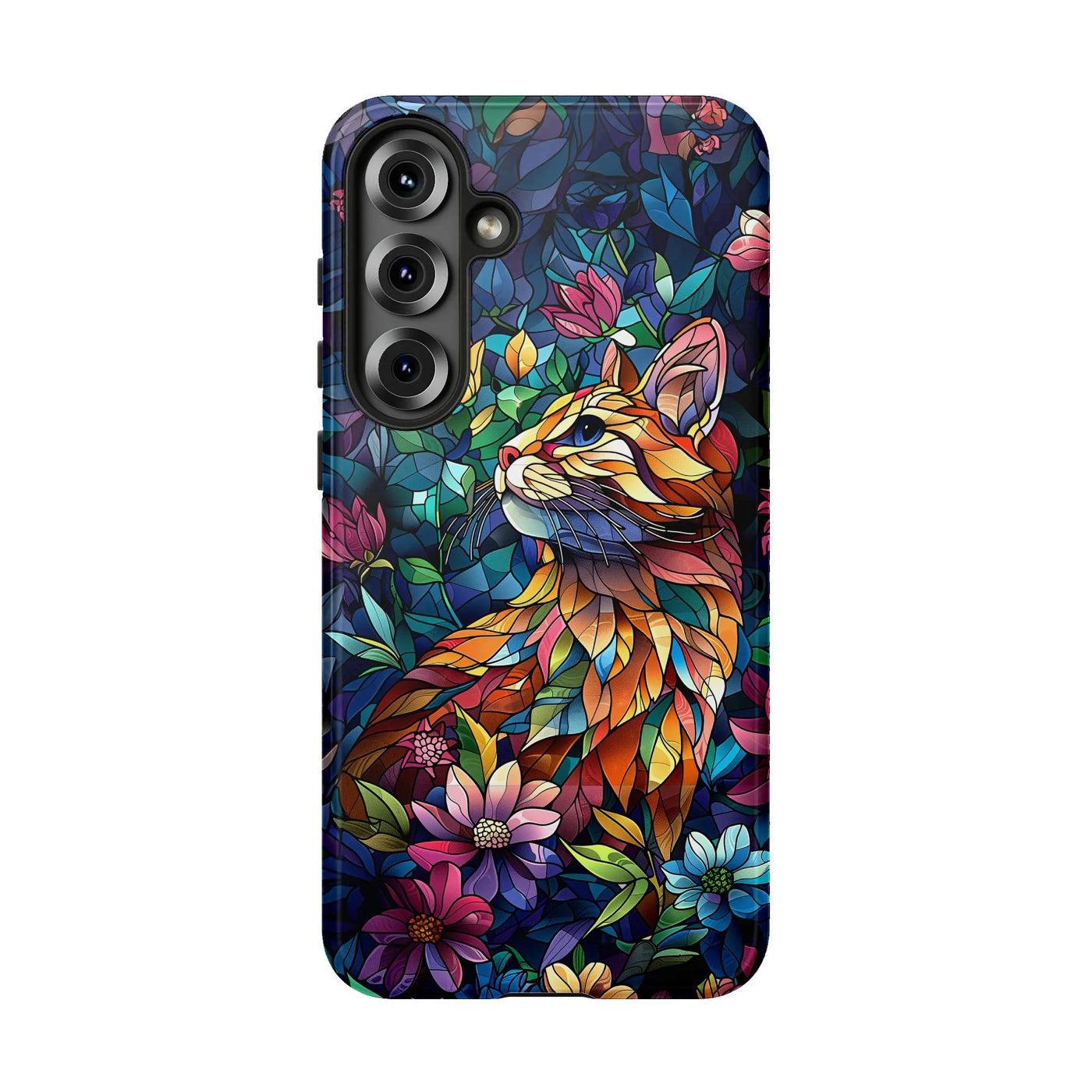 Stained Glass Cat Phone Case | Floral Mosaic Art Design | Dual-Layer Polycarbonate Protection | Unique Gift for Cat Lovers Sa