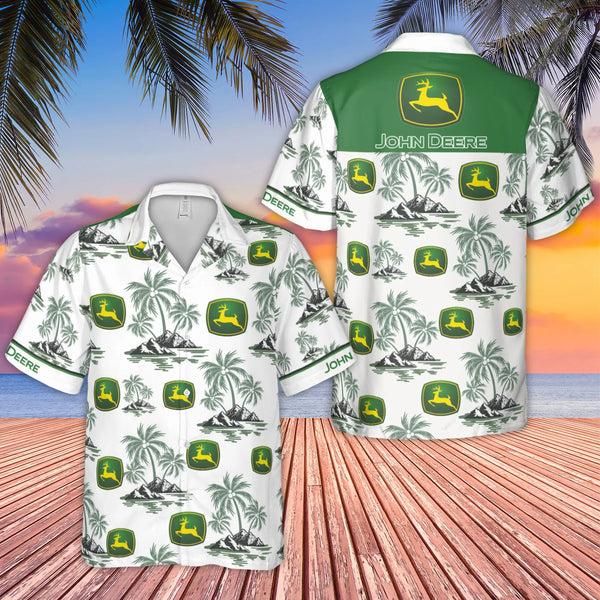 Green Tractor Hawaiian Shirt | Tropical Farming Logo & Palm Tree Print | Lightweight Aloha Beach Shirt | Unique Gift for Farm