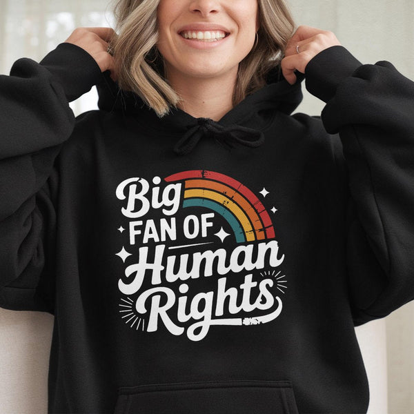 Big Fan Of Human Rights Hoodie | Retro Rainbow Aesthetic Graphic | Premium Cotton Blend | Equality Activist Gift For Social J