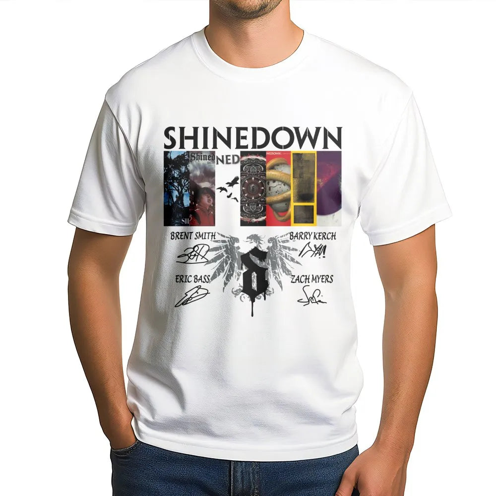 Shinedown Band T-Shirt | Album Collage Graphic with Autographs | Premium Soft Cotton Tee | Music Tour Merch Gift for Rock Fan