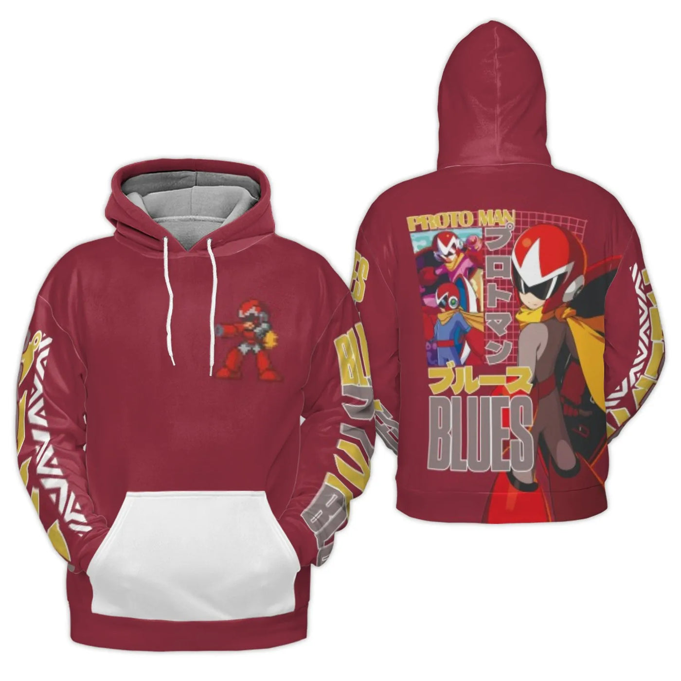 Retro Gaming Anime Hoodie | Proto Man Mega Man Graphic Design | Premium Polyester Brushed Fleece | Unique Gift for Gamer Fans