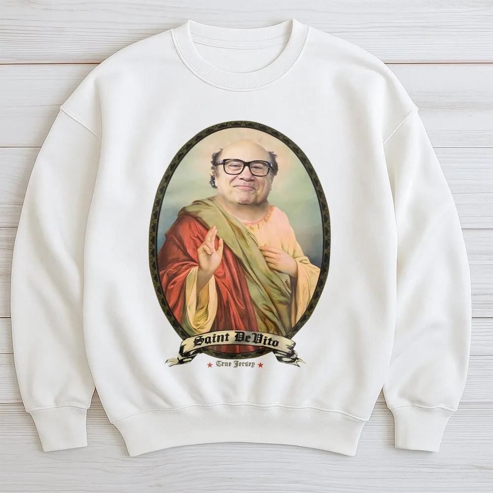 Saint Danny Devito Sweatshirt | Funny Celebrity Meme Graphic Print | Premium Cotton Blend | Unisex Pop Culture Gift For Fans
