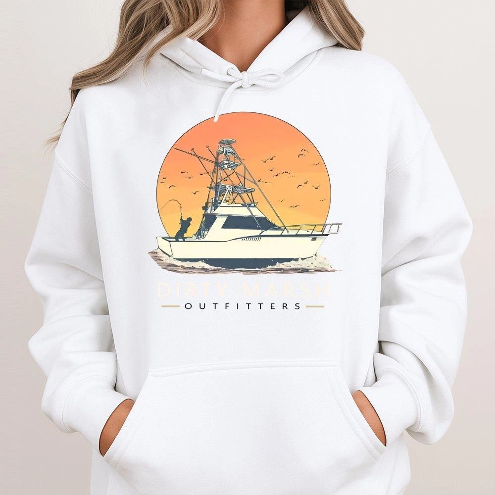 Offshore Fishing Hoodie | Retro Sunset Boat Graphic Design | Premium Cotton Blend | Gift for Saltwater Angler and Coastal Lif