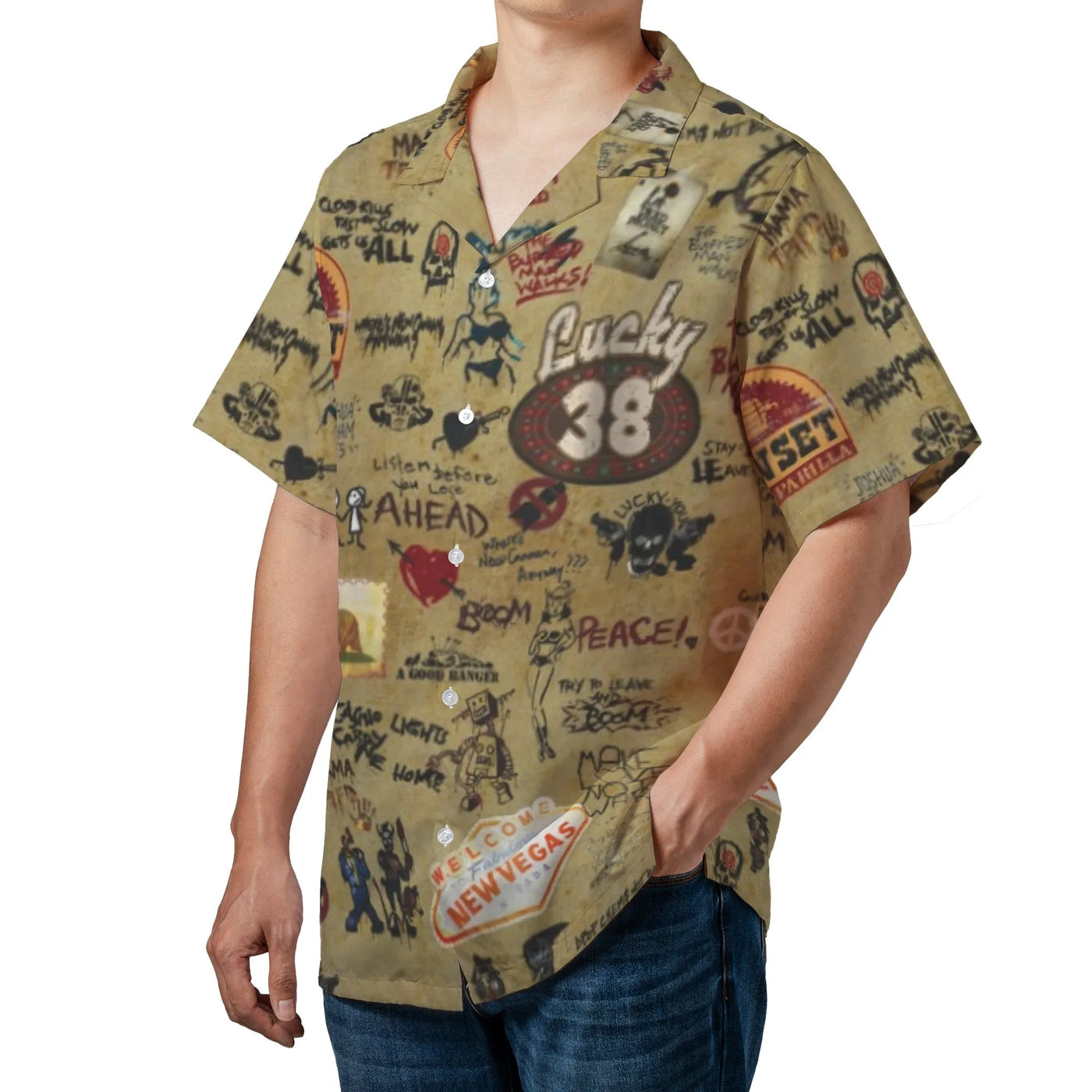 Fallout New Vegas Hawaiian Shirt | Lucky 38 Graffiti Allover Print | Woven Polyester Summer Button Down | Gaming Fan Gift for