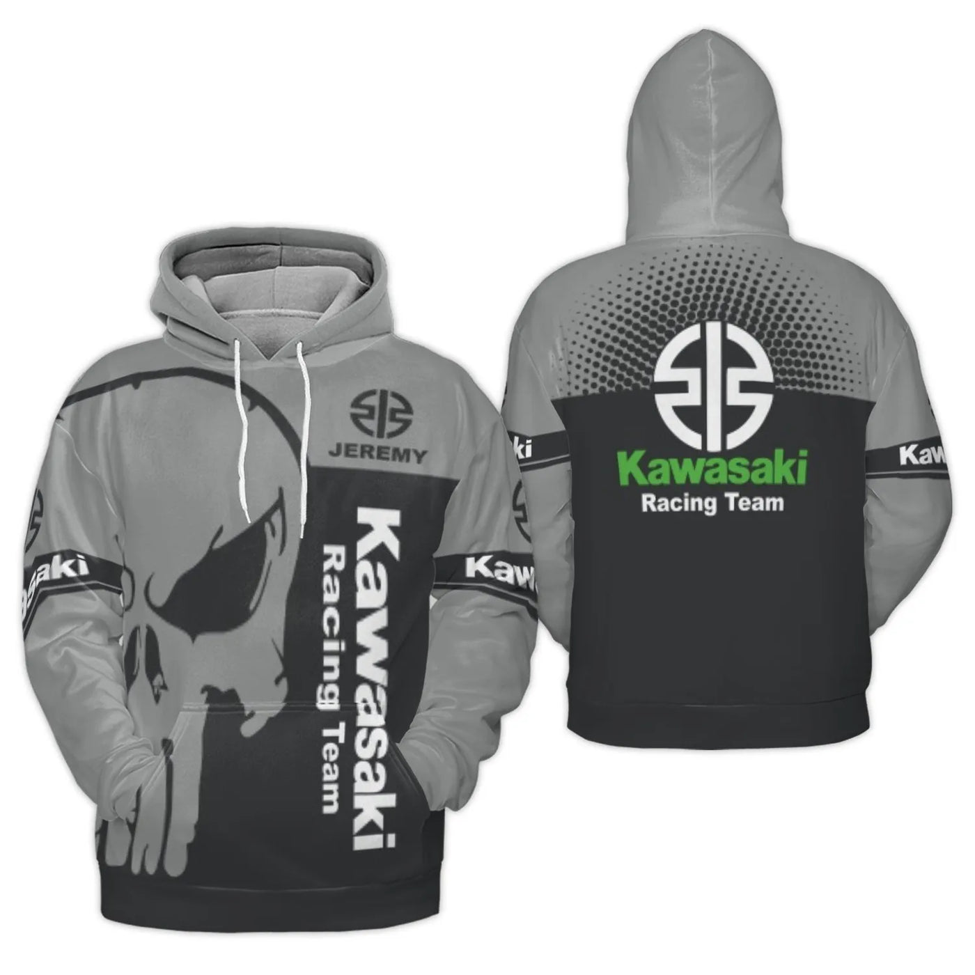 Kawasaki Racing Team Hoodie | Personalized Skull Graphic 3D Print | Premium Polyester Fleece | Biker Gift for Men and Women