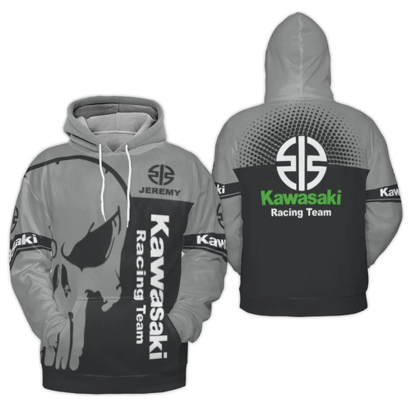 Kawasaki Racing Team Hoodie | Personalized Skull Graphic 3D Print | Premium Polyester Fleece | Biker Gift for Men and Women
