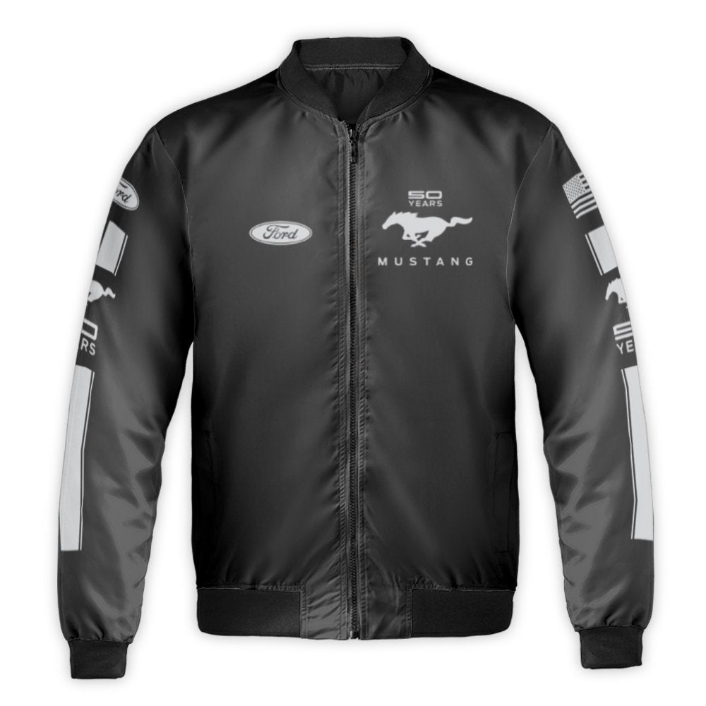 Ford Mustang Bomber Jacket | 50th Anniversary Logo Print | Durable Nylon Outerwear | Classic Streetwear Gift for Muscle Car E