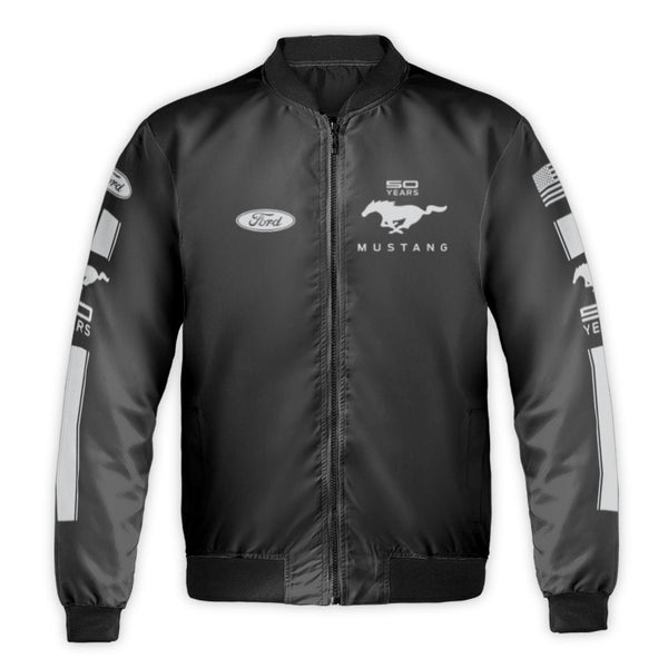 Ford Mustang Bomber Jacket | 50th Anniversary Logo Print | Durable Nylon Outerwear | Classic Streetwear Gift for Muscle Car E